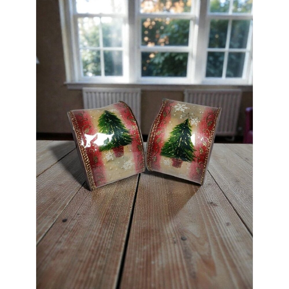 Wire Edged Ribbon Christmas Tree Pattern 2.5" wide 20yd 2 Rolls Craft Gift Wrap